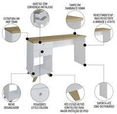 Mesa Escrivaninha 135cm Elai e Gaveteiro 2 Gavetas May A06 Olmo/Branco