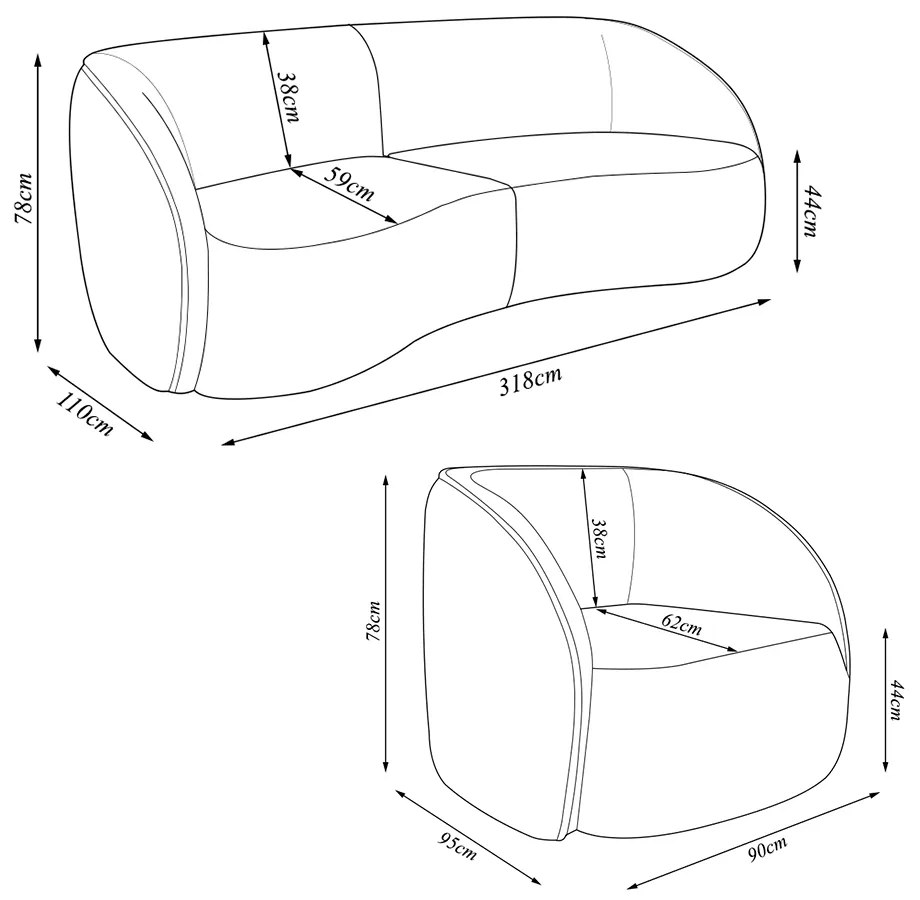 Conjunto Sofá Sala de Estar Bipartido 318cm e 2 Poltronas Clarke PU Preto Manchado G45 - Gran Belo