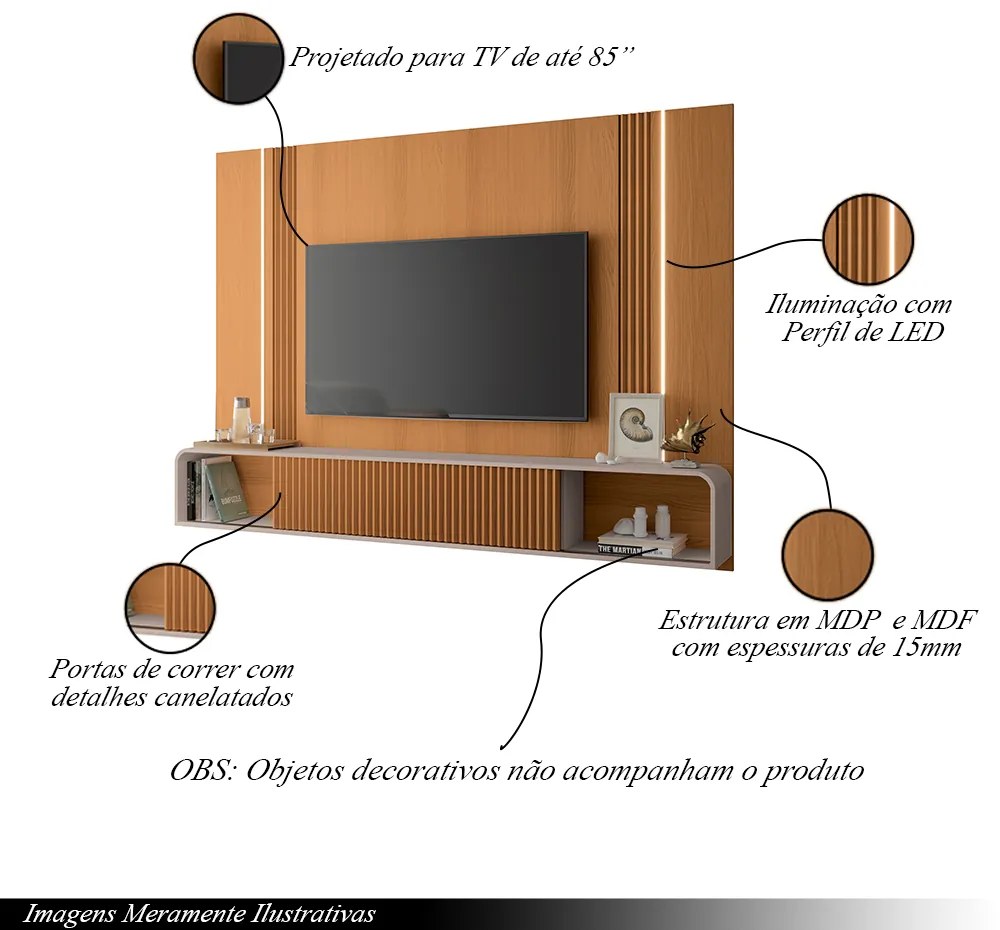 Conjunto Home Suspenso c/LED e Mesa de Centro Empire/Cadenza MDF/MDP Cinamomo/Off White G26 - HB Móveis