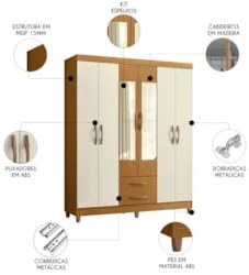 Guarda Roupa Solteiro 154cm com Espelho Dony A02 Off/Cinamomo - Mpozen