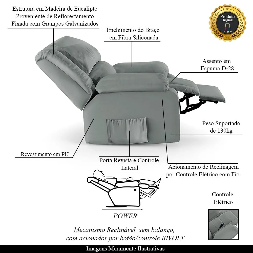 Poltrona do Papai Reclinável Melim Controle Power Elétrico Sintético PU F FH1 - D'Rossi - Cinza