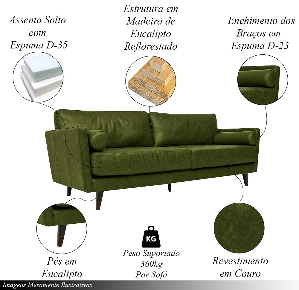 Sofá Decorativo Daemon 3 Lugares Sala de estar 212cm Pés em Eucalipto Couro Verde Manchado G40 - Gran Belo