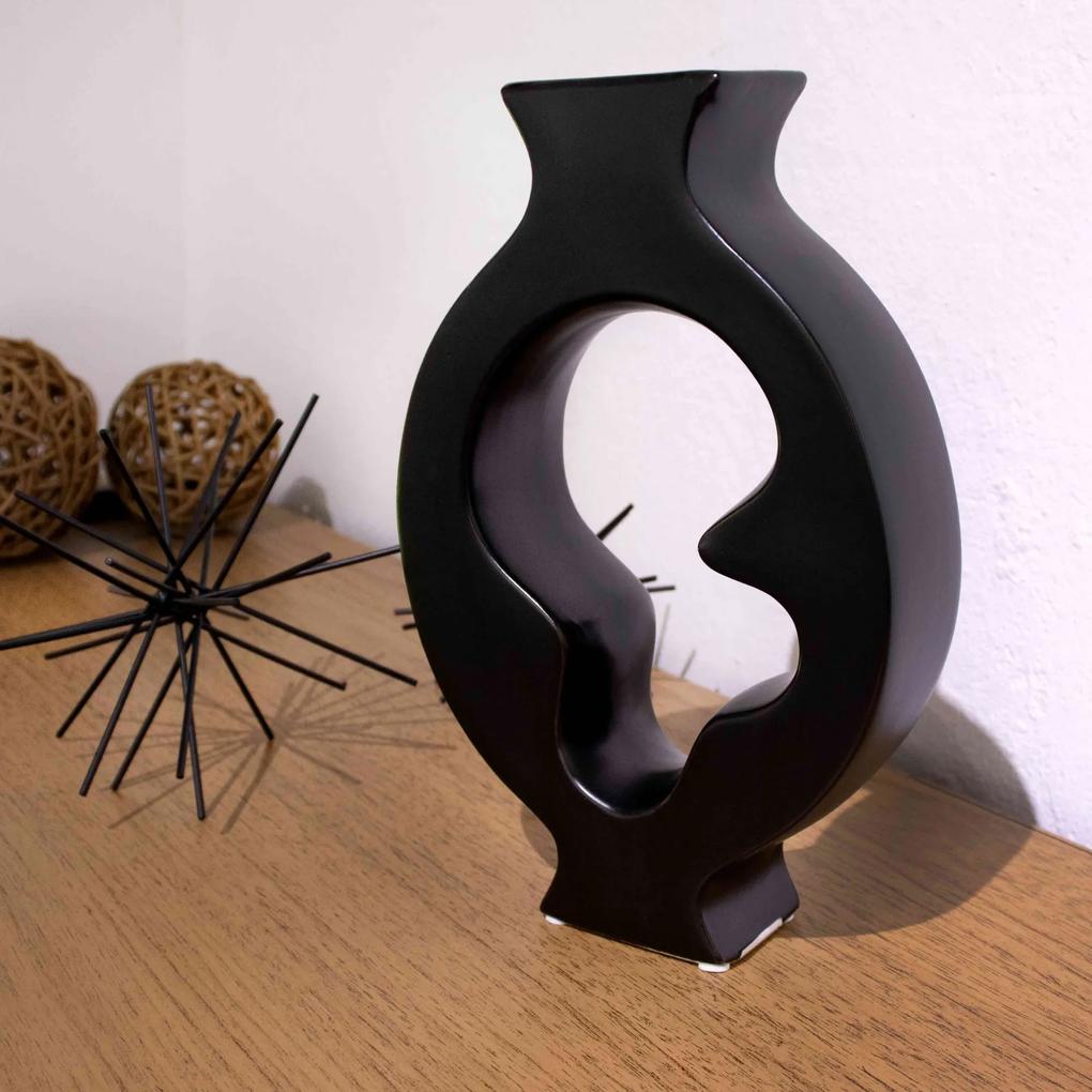 Vaso Decorativo em Cerâmica Vazado Preto 29x19 cm - D'Rossi