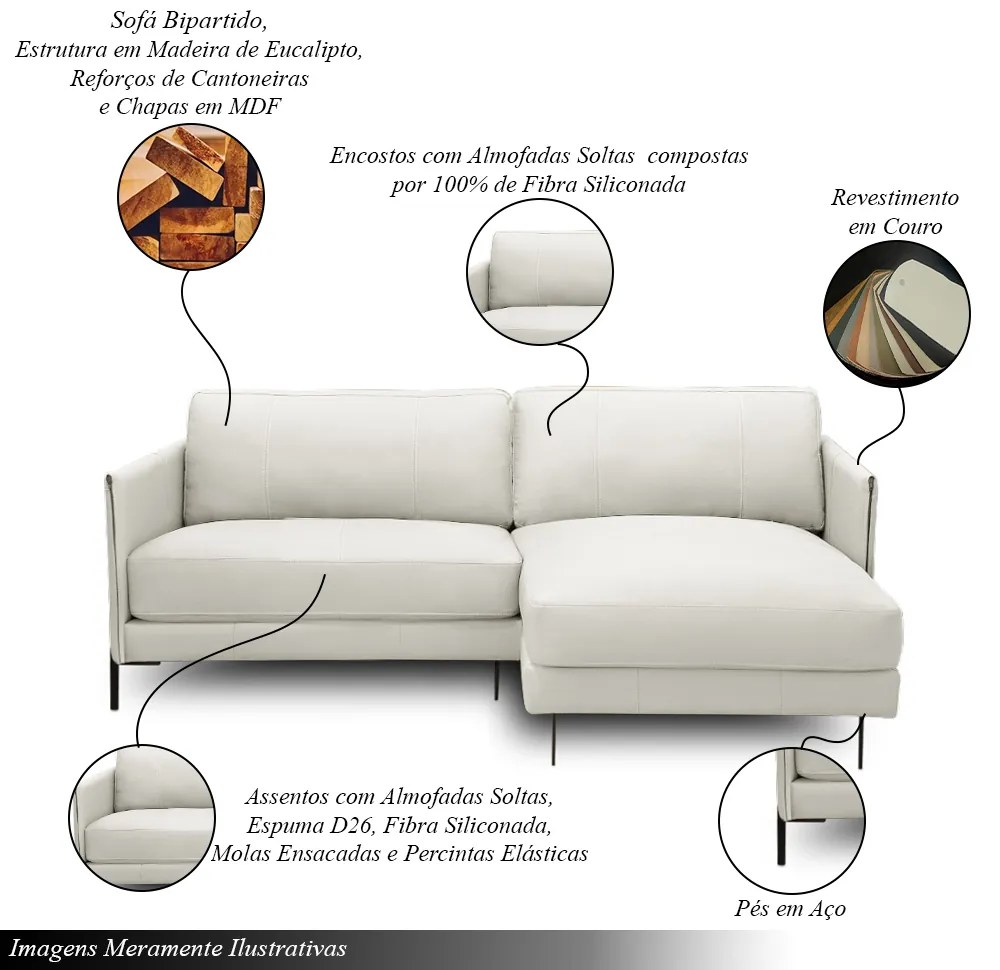 Sofá Decorativo Karine 3 Lugares Sala de estar 230cm com Chaise Pés em Aço Couro Off White G88 - Gran Belo