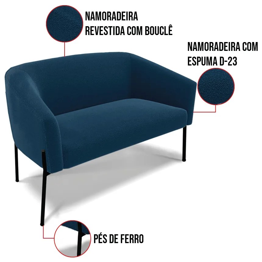 Sofá Namoradeira e 2 Poltronas Pé Ferro Pto Stella Bouclê D03 - D'Rossi - Azul