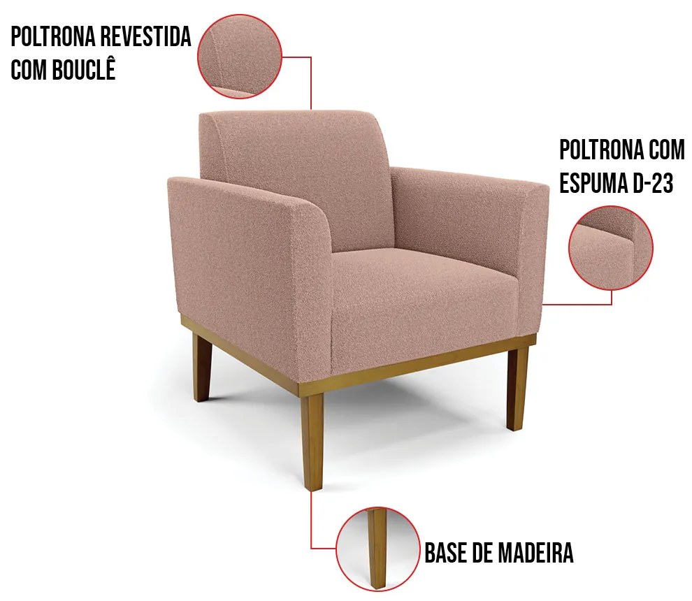 Namoradeira e 2 Poltronas Base Madeira Castanho Marisa Bouclê Rosê D03 - D'Rossi