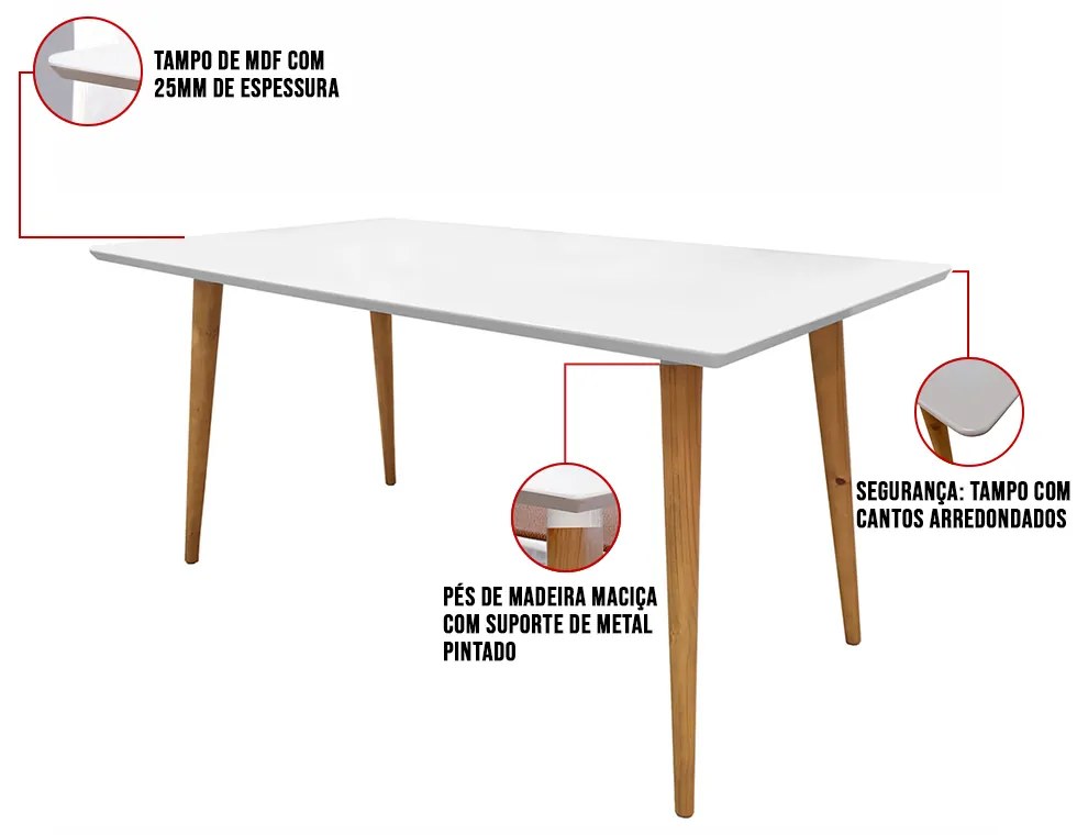 Mesa de Jantar Antonella 160x90 cm Pés Retrô Castanho - D'Rossi - Branco