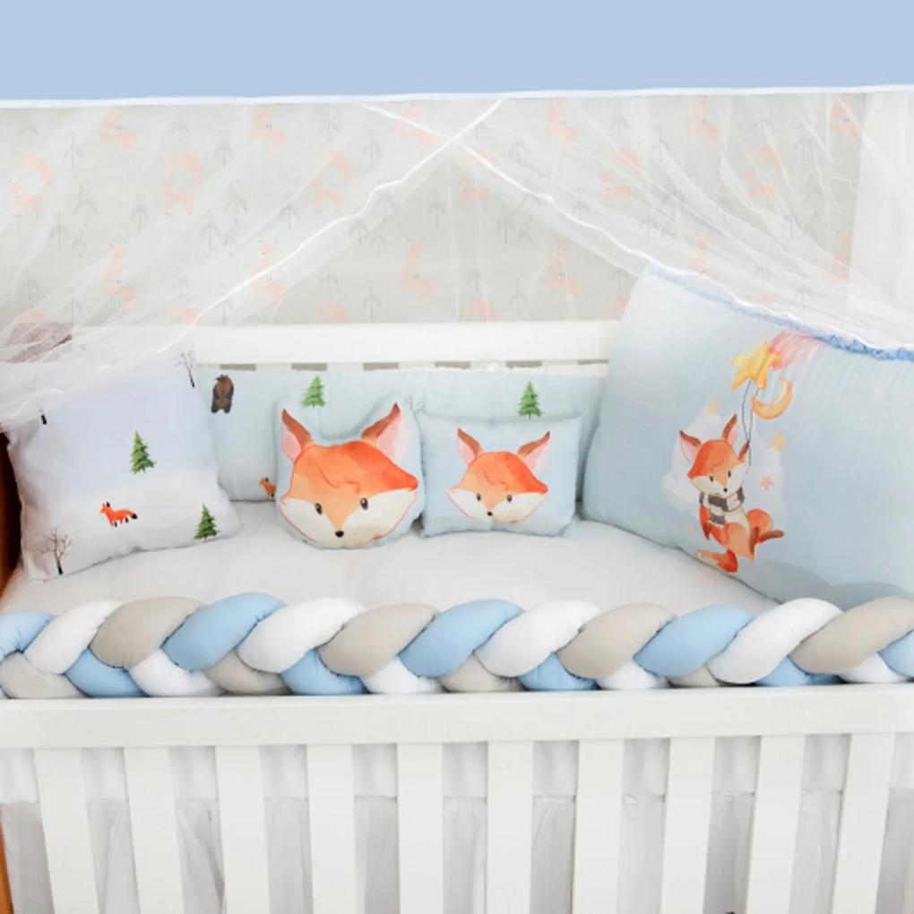 Kit Berço 10 Peças Raposa Floresta Trança Azul Bebê e Branco Coleção Fox