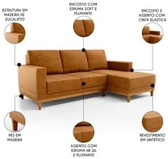 Sofá 3 Lugares 200cm Living Com Chaise Esquerdo Kayrós D05 Sintético W