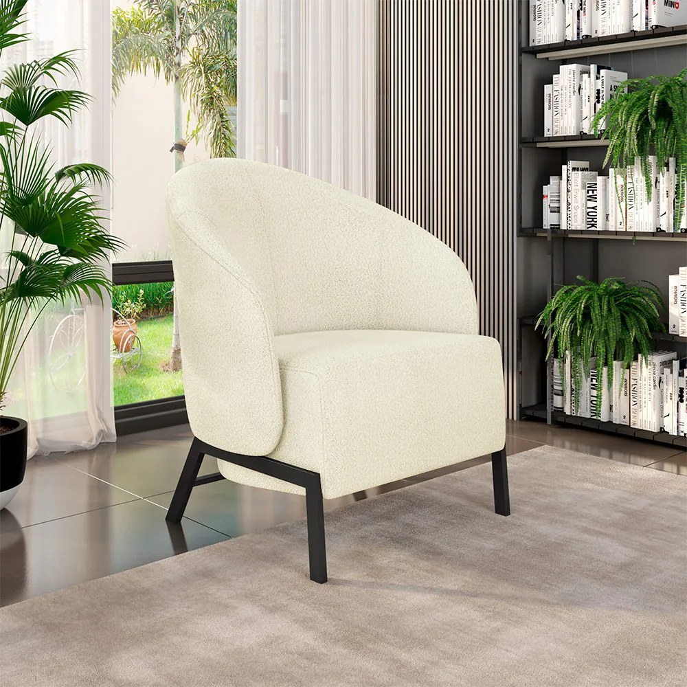 Poltrona Decorativa Sala de Estar Kenya Pés em Ferro Bouclê Preto/Off White G33 - Gran Belo