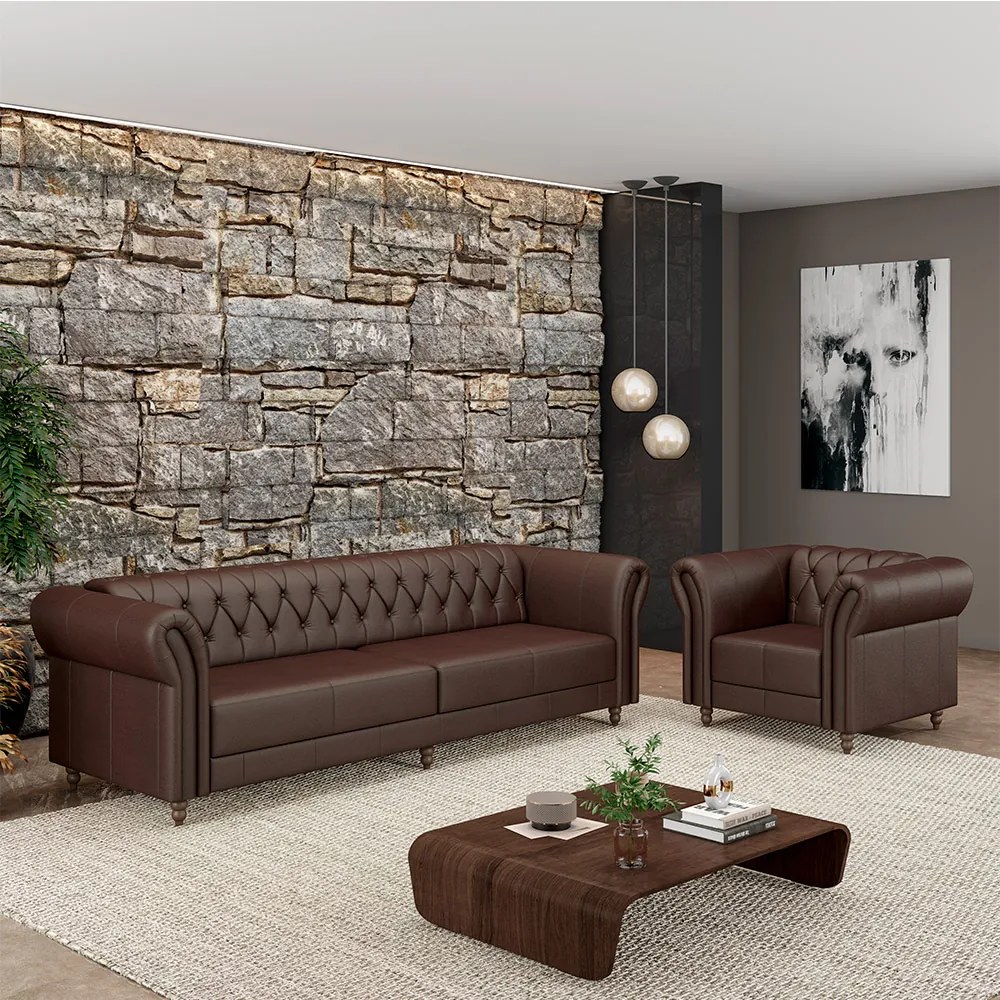 Conjunto Sala de Estar 1 Sofá Living 240cm e 1 Poltrona Stanford Chesterfield Pés Madeira Couro Marrom Brilho G58 - Gran Belo