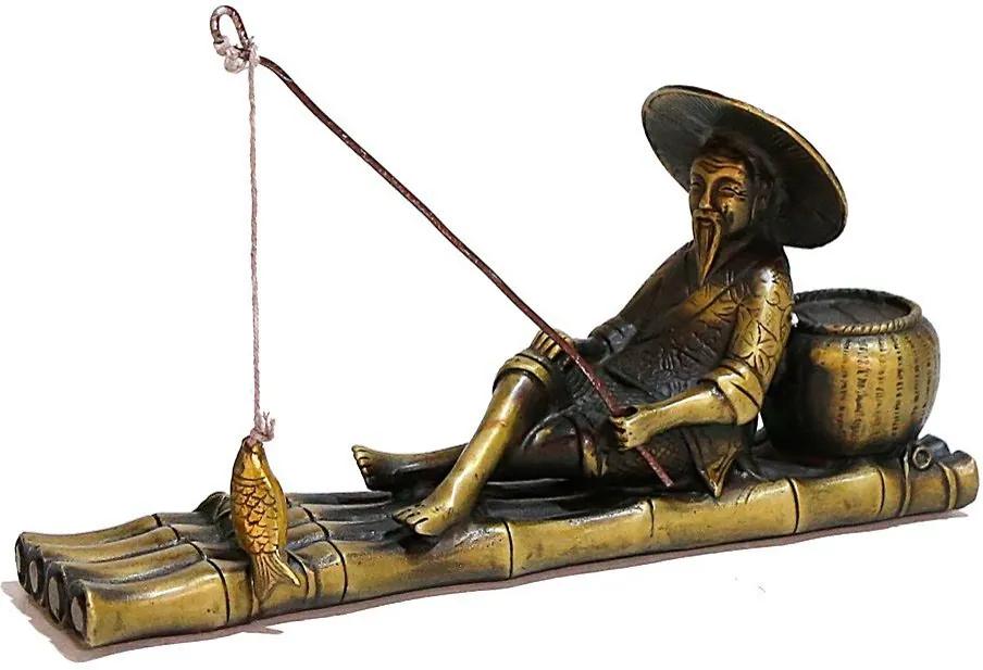 Estatueta Pescador Jangada em Cobre Dourada
