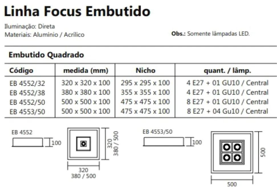 Luminária De Embutir Focus Quadrado C/ Aba 8Xe27 + 1Xmr16 50X50X10Cm |... (PT - Preto Texturizado)