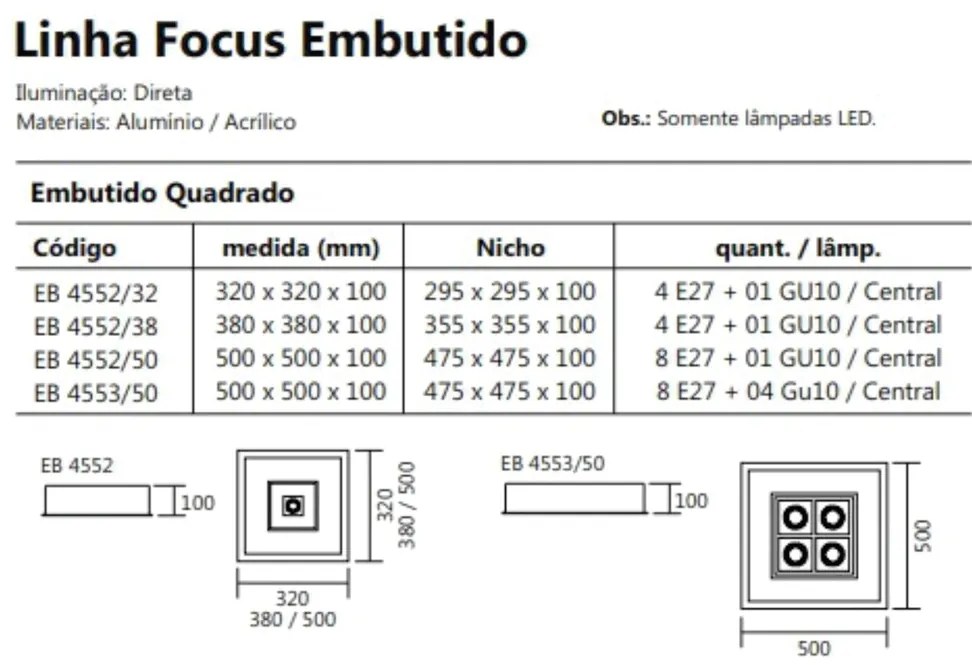 Luminária De Embutir Focus Quadrado C/ Aba 8Xe27 + 1Xmr16 50X50X10Cm |... (RG-M Rosê Metálico)