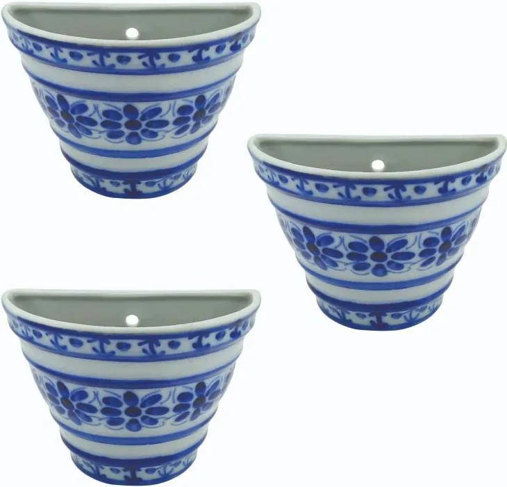 Conjunto 3 Vasos de Parede em Porcelana Azul Colonial 12 cm