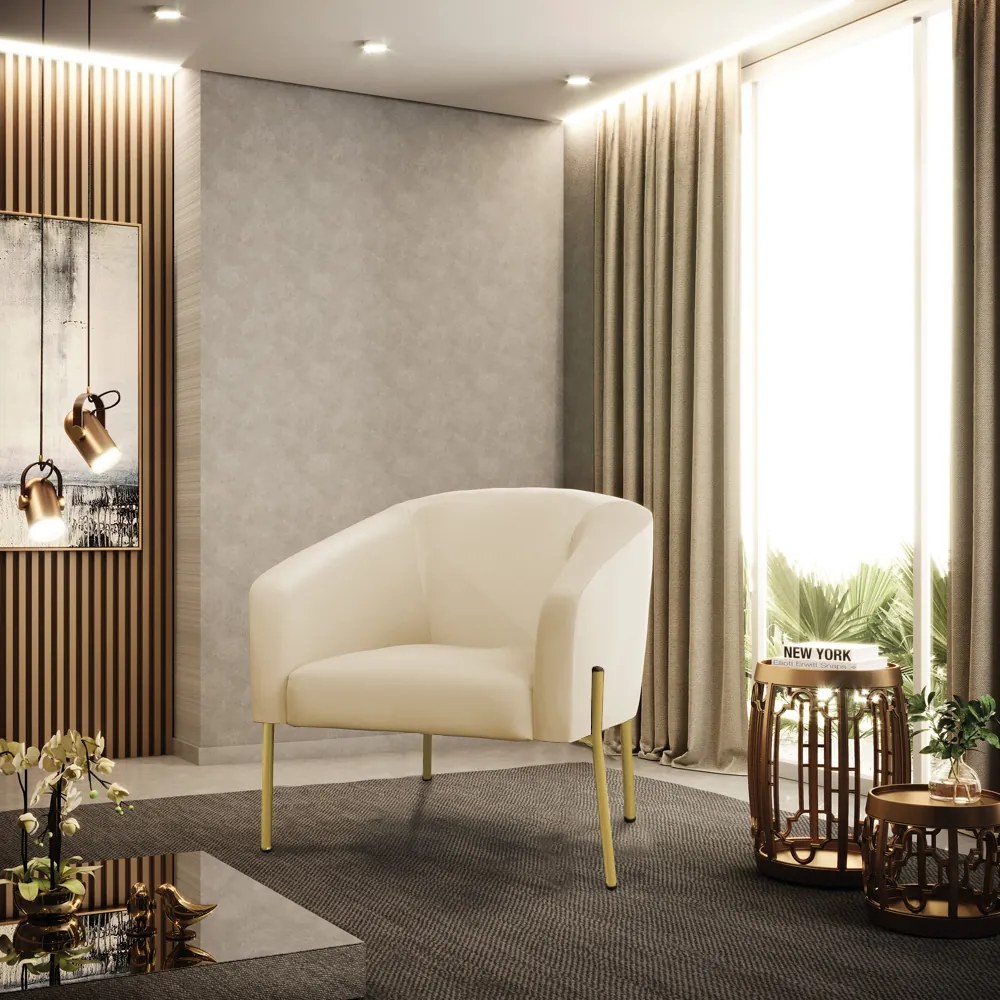 Poltrona Decorativa Pé de Ferro Dourado Stella Sintético D03 - D'Rossi - Bege