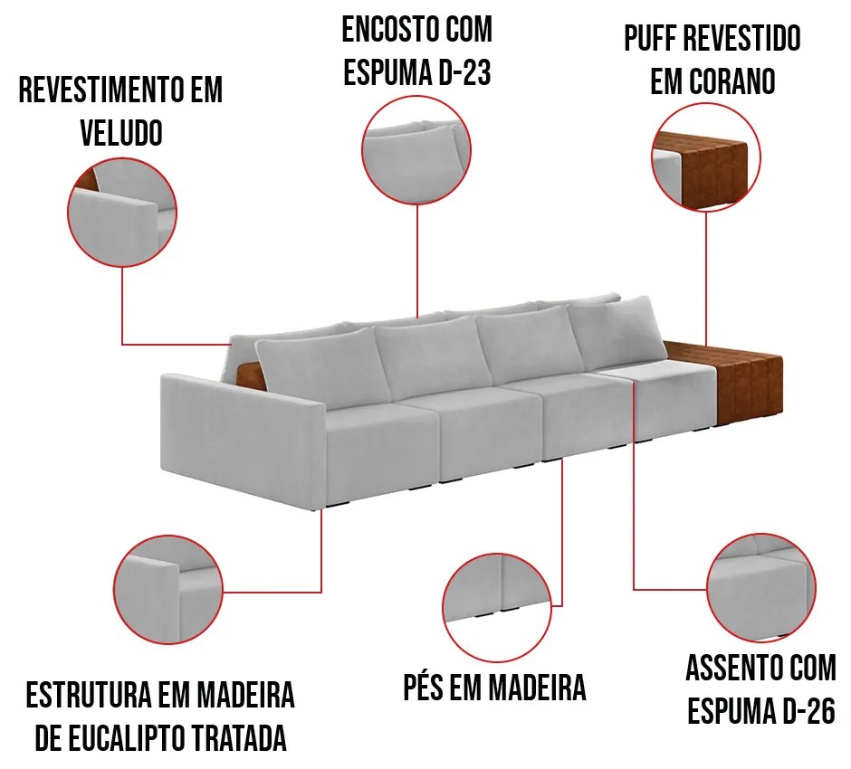 Sofá Ilha 4 Lugares Living 472cm Modulado para Sala Lary Veludo Cinza K01 - D'Rossi