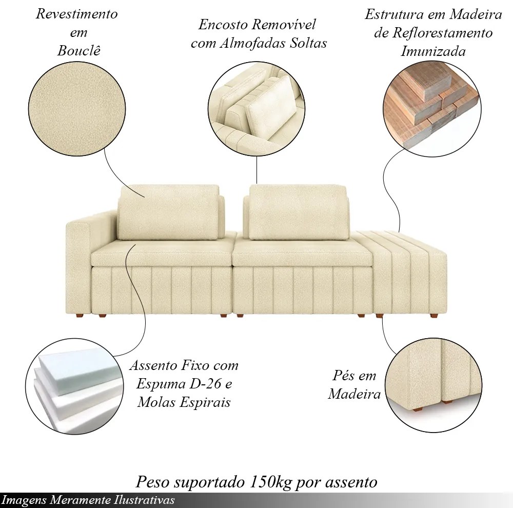 Sofá Ilha com Encosto e Almofadas Móveis Olimpo 285cm Modulado Bouclê Off White G45 - Gran Belo