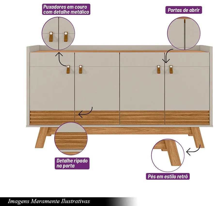 Buffet Aparador Decorativo Giustino Puxador em PU 160cm Nature/Off White G77 - Gran Belo