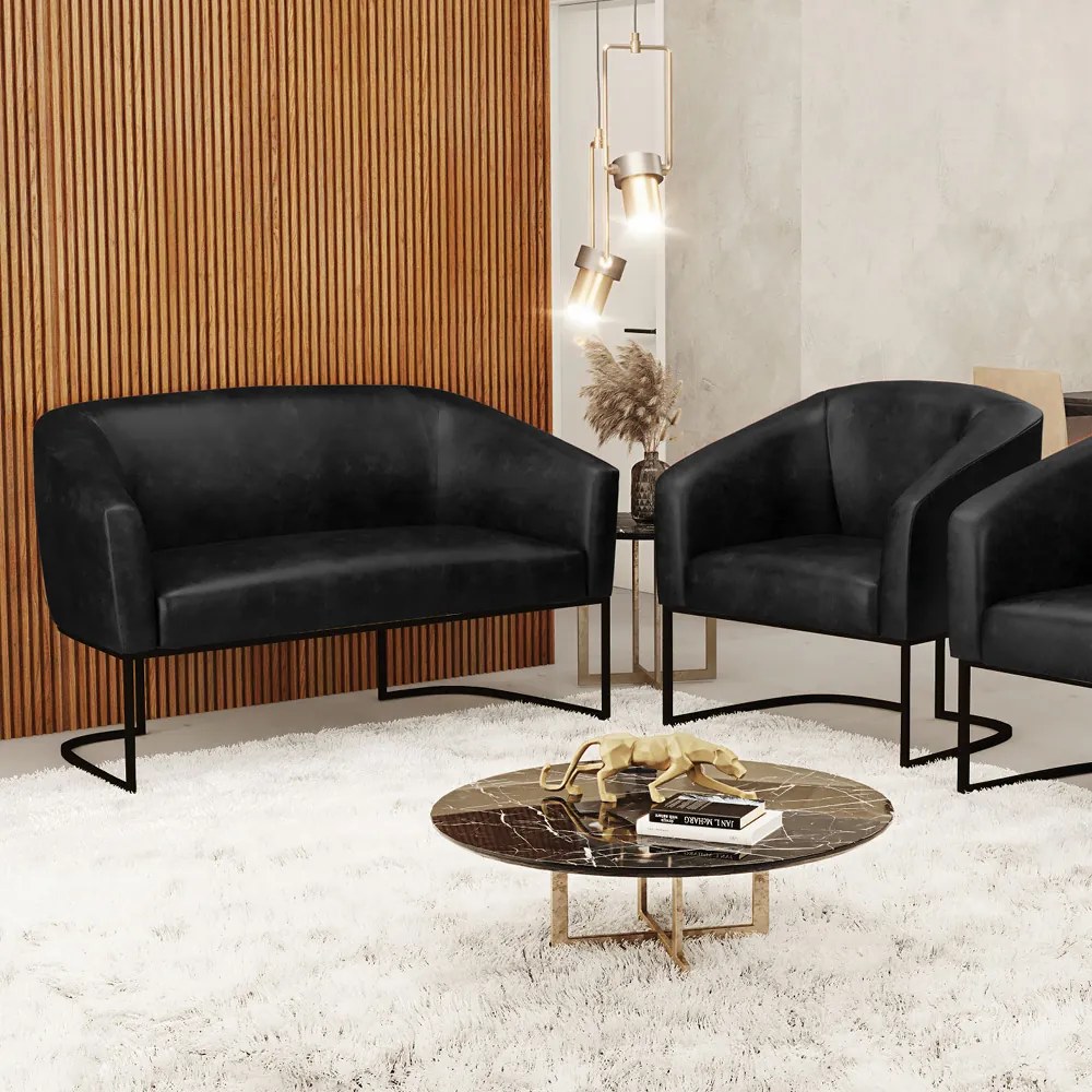 Sofá Namoradeira e Poltrona Base Industrial Preto Stella Sintético PU Preto D03 - D'Rossi
