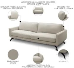 Sofá 4 Lugares Para Sala Living 270cm Vults L08 Couro Off   - Mpozenat