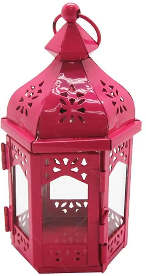 Lanterna Pequena Marroquina Hexagonal Rosa em Metal e Vidro - Urban