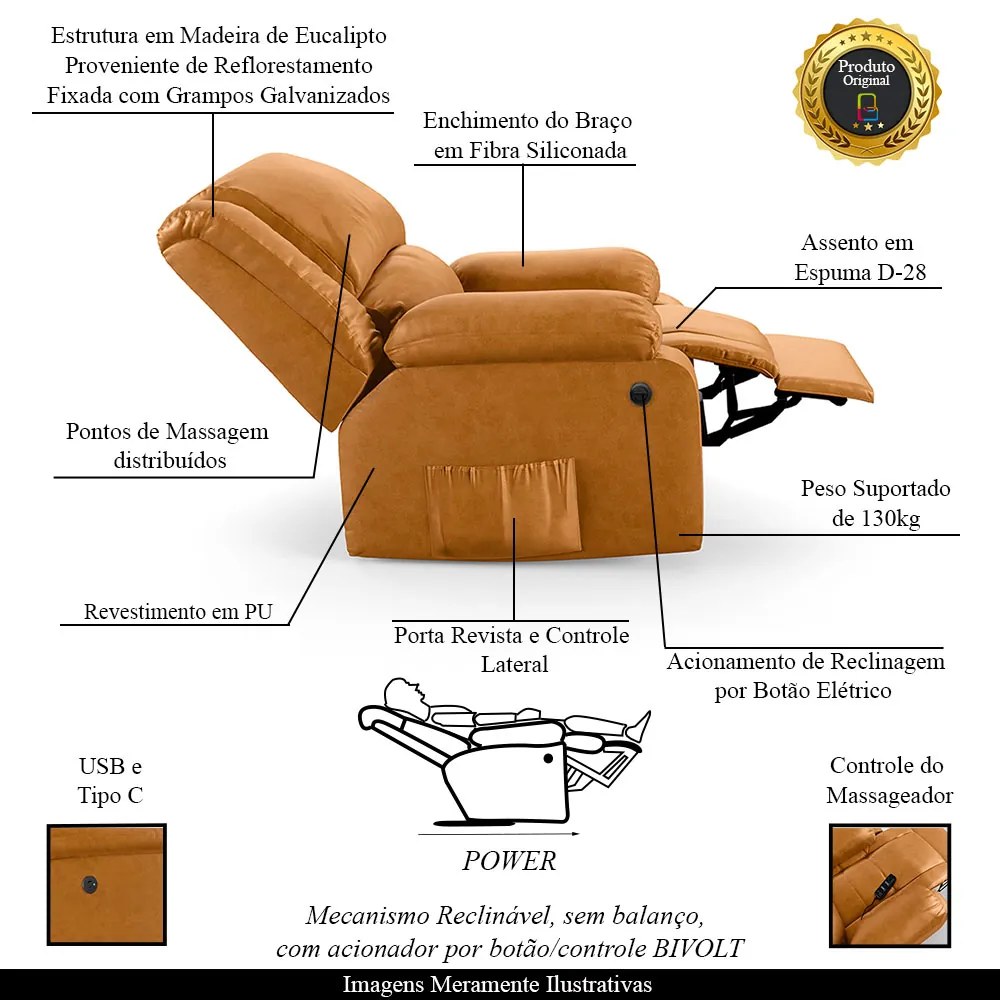 Poltrona do Papai Reclinável Melim Elétrica LED Massagem PU Whisky FH1 - D'Rossi