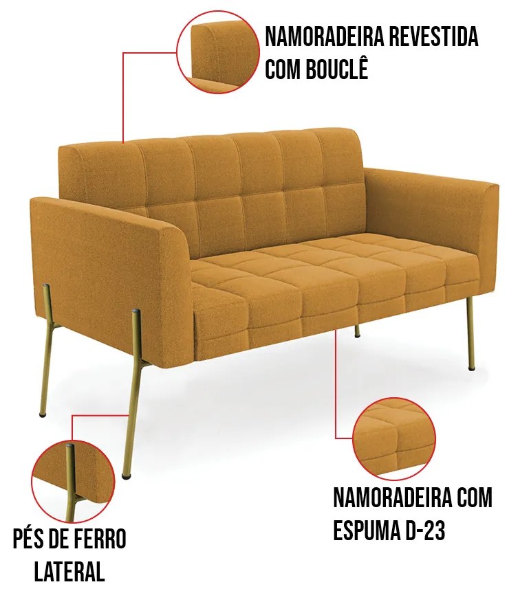 Namoradeira e 2 Poltronas Pé de Ferro Dourado Elisa Bouclê Mostard D03 - D'Rossi