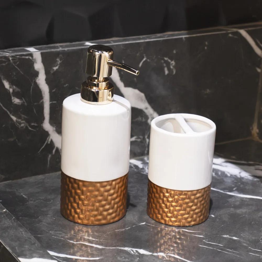 Kit Banheiro 01 Porta Sabonete Liquido e 01 Porta Escova em Cerâmica Branco e Dourado - D'Rossi