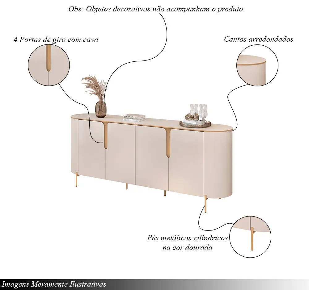 Buffet Decorativo América 4 Portas Pés Metálicos Dourados Off White G18 - Gran Belo