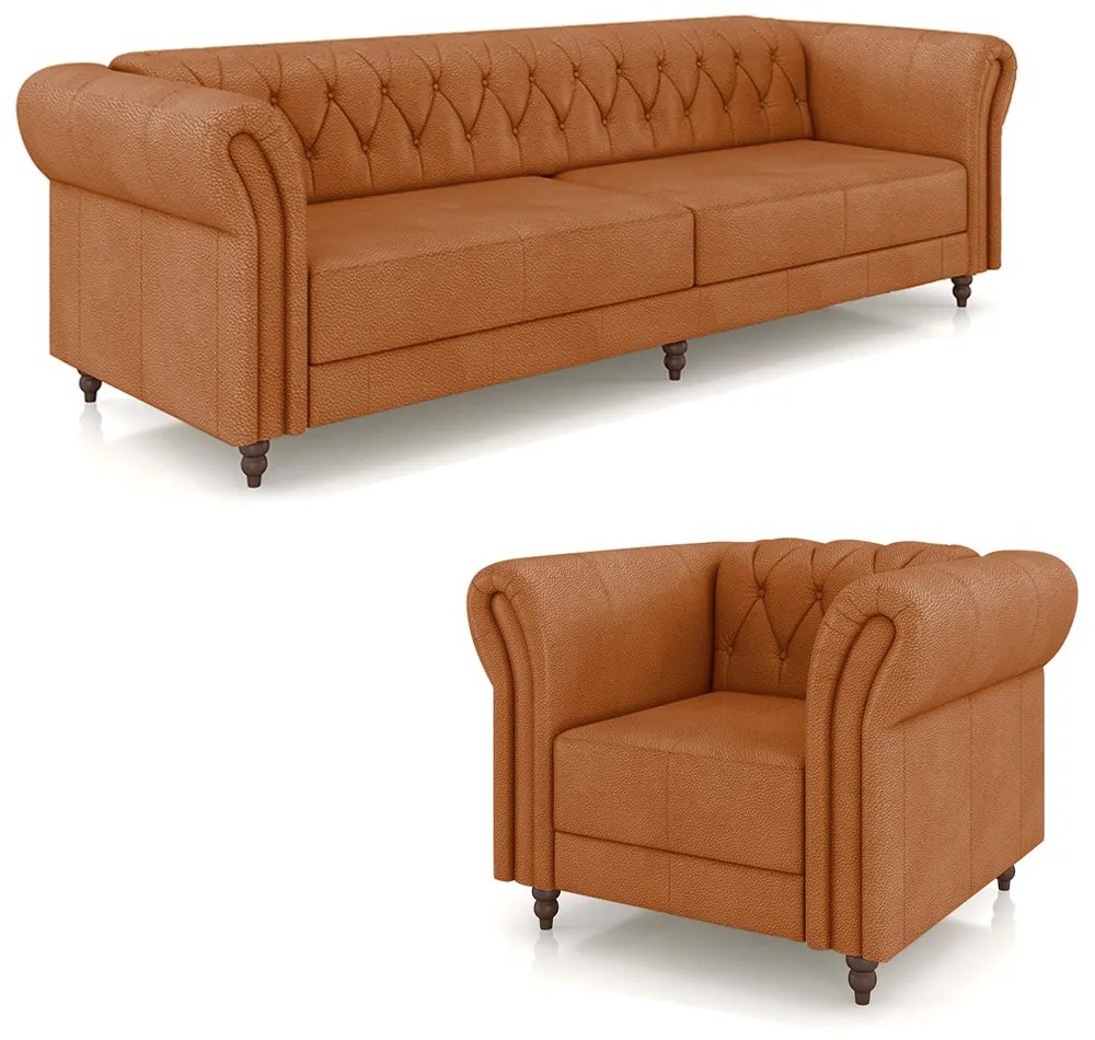 Conjunto Sala de Estar 1 Sofá Living 240cm e 1 Poltrona Stanford Chesterfield Pés Madeira Couro Terracota G58 - Gran Belo