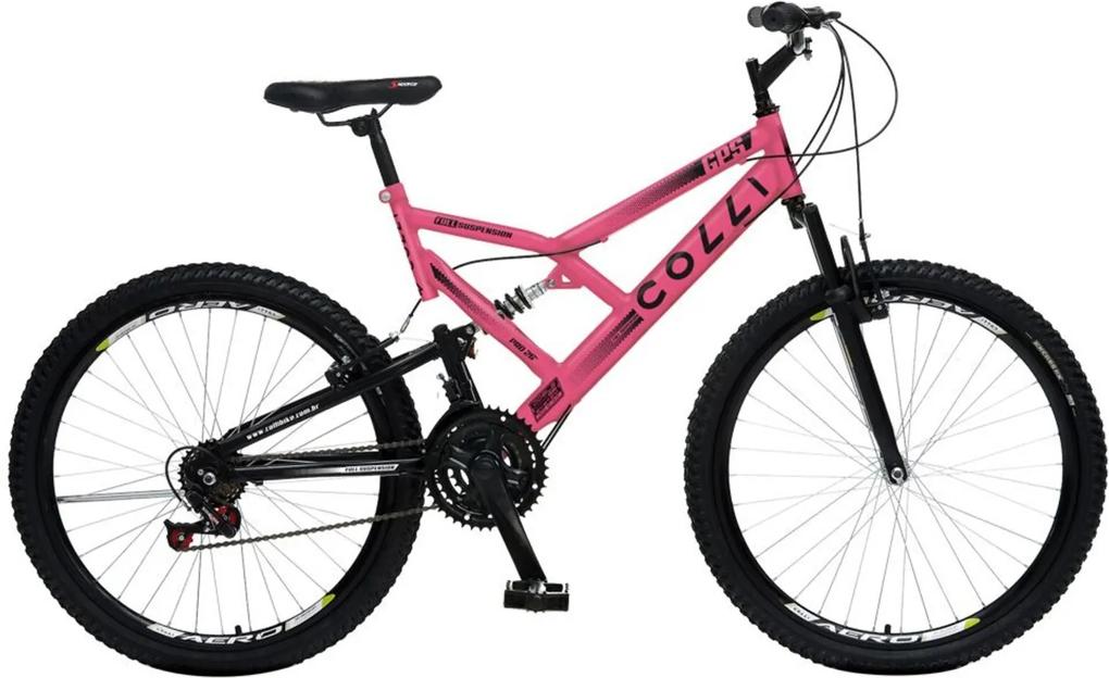 Bicicleta Esportiva Aro 26 Dupla SuspensÁo Freio V-Brake GPS 148 Quadro 18 Aço Rosa Neon - Colli Bike