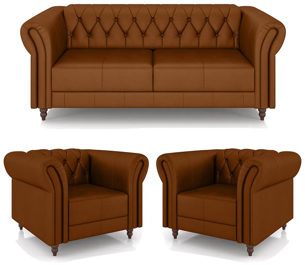 Conjunto Sala de Estar 1 Sofá Living 220cm e 2 Poltronas Stanford Chesterfield Pés Madeira Couro Caramelo G58 - Gran Belo