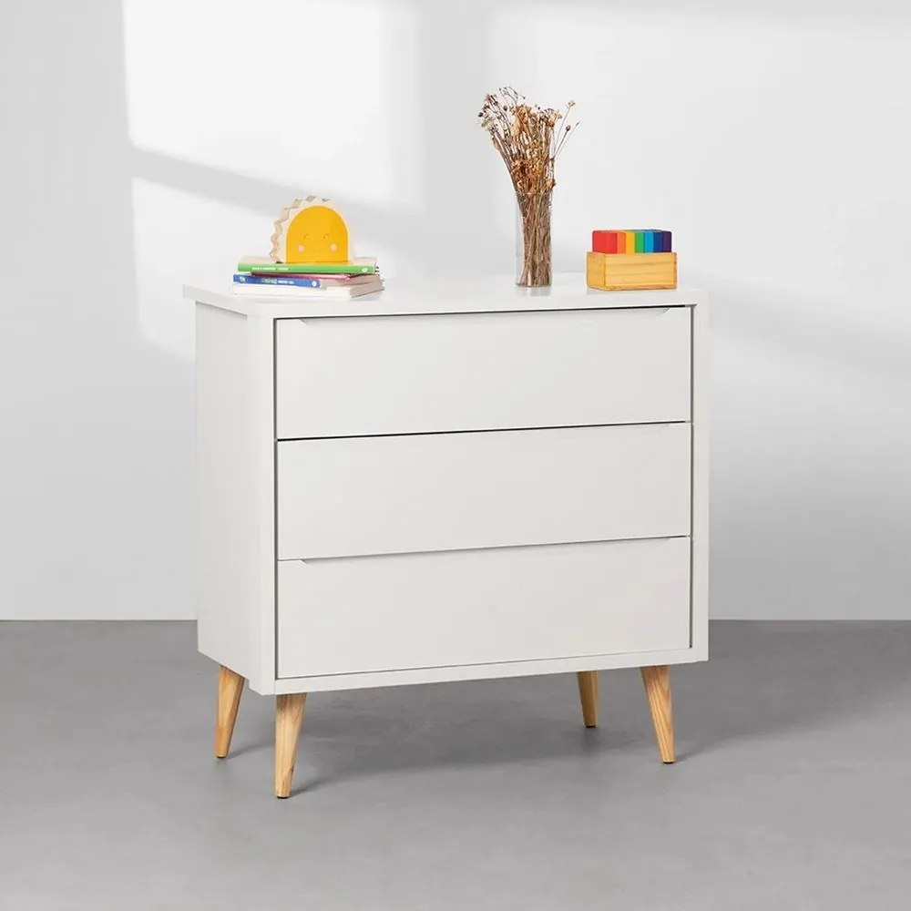 Cômoda Theo 3 Gavetas com Pés Retrô Natural - Branco
