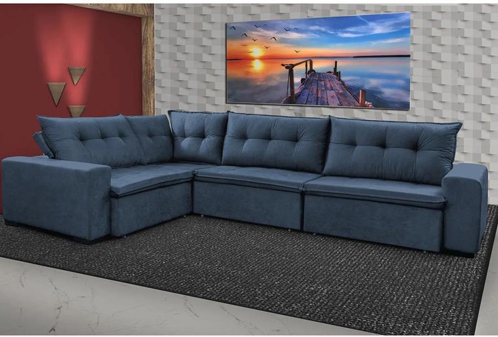 Sofa de Canto Retrátil e Reclinável com Molas Cama inBox Oklahoma 3,65X2,51 ou 2,51X3,65 Azul