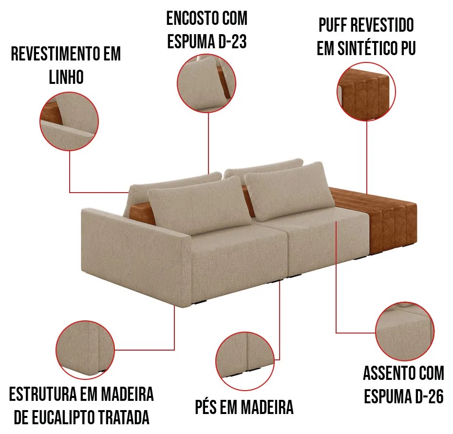 Sofá Ilha 2 Lugares Living 272cm Modulado para Sala Lary Linho Bege K01 - D'Rossi