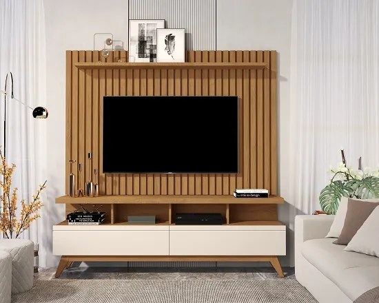 Rack Vivare 1.6 Wood Com Painel Para TV Até 65 Polegadas Classic Ripado Verdadeiro Nature/Off White - JLAR Móveis