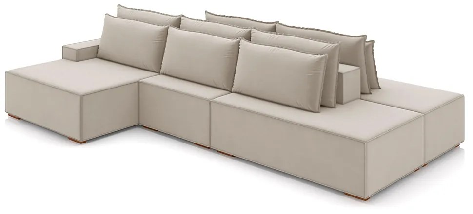 Sofá Ilha com Encosto e Almofadas Delta 355cm Modulado Chaise e Puffs Veludo Bege G52 - Gran Belo