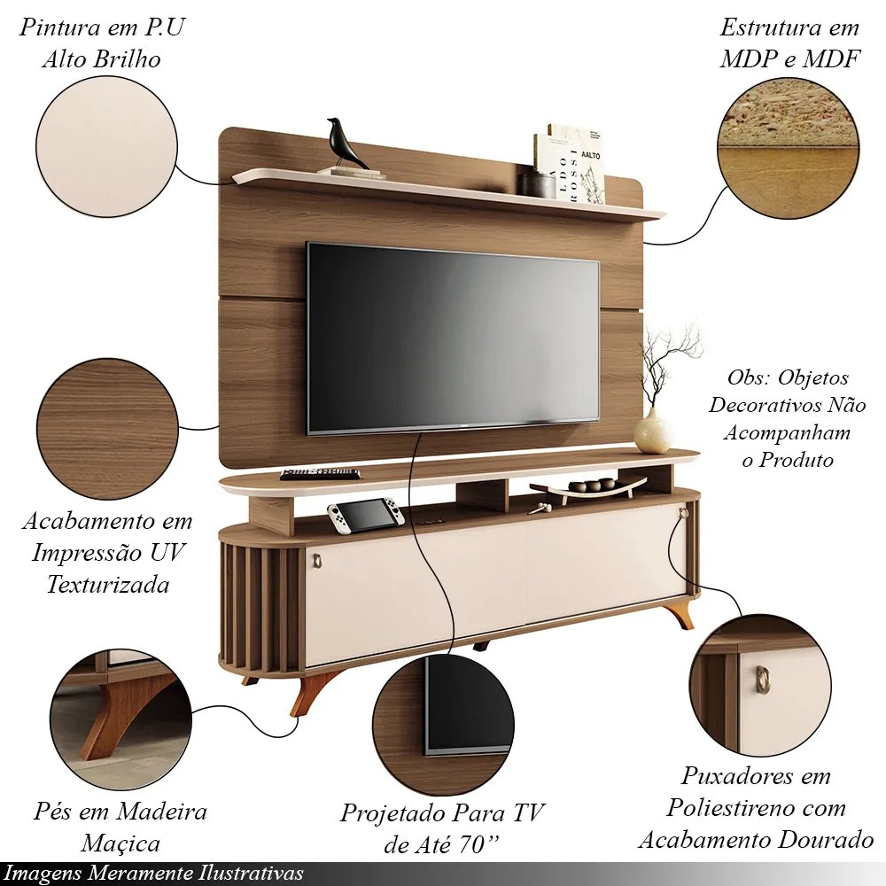 Conjunto Painel para TV até 70 Polegadas Curv e Bancada Alba Castanho/Off White G26 - Hb Móveis