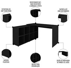 Mesa Escrivaninha em L Eron e Estante Livreiro Stela A06 Preto - Mpoze