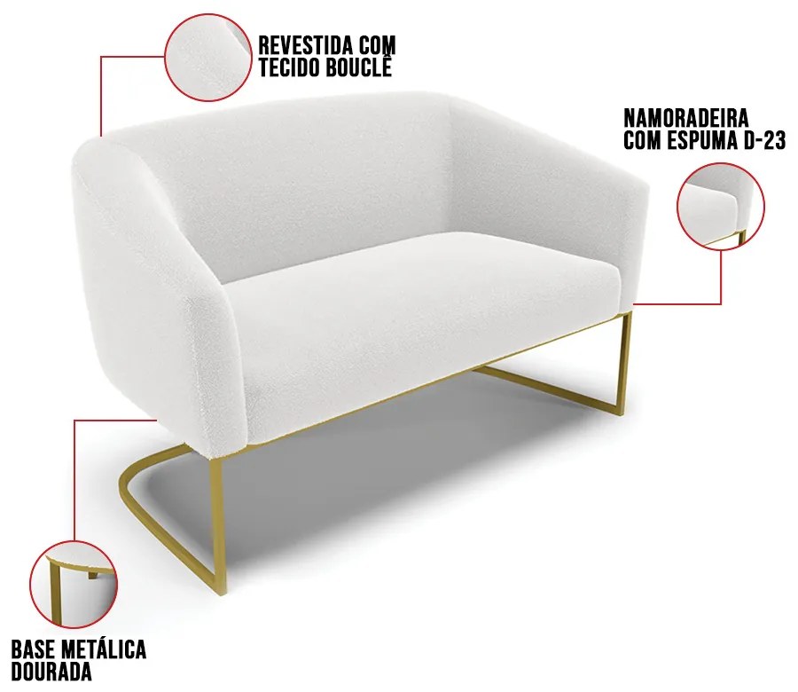 Sofá 2 Lugares Namoradeira Industrial Dourado Stella Bouclê D03 - D'Rossi - Off White