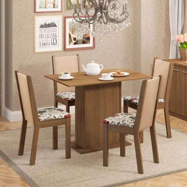 Sala de Jantar Talita Mesa com 4 Cadeiras - Rústico/ Crema/ Hibiscos