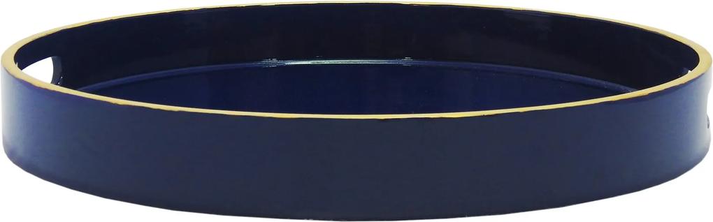 Bandeja Redonda Decorativa Azul com Detalhes em Dourado nas Bordas - 4x35cm