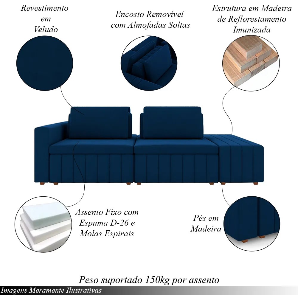 Sofá Ilha com Encosto e Almofadas Móveis Olimpo 265cm Modulado Veludo Azul Marinho G45 - Gran Belo