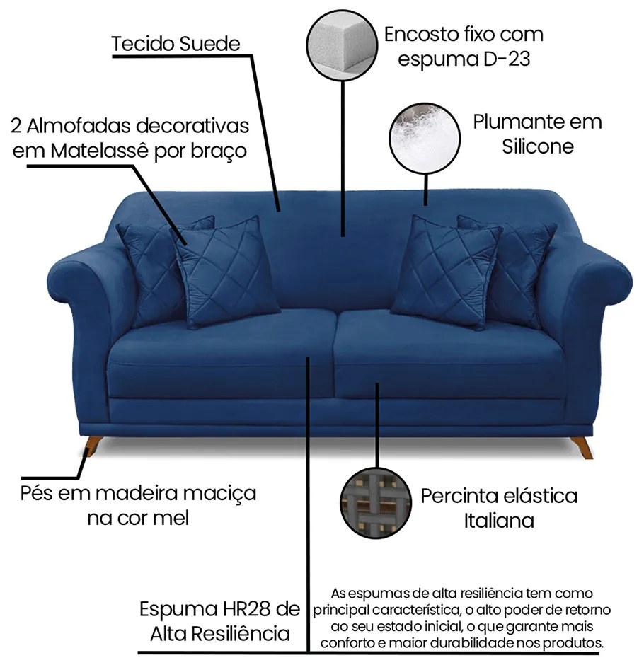 Sofá 3 Lugares Pé de Madeira Julieta 220 cm Suede S04 - D'Rossi - Azul Marinho