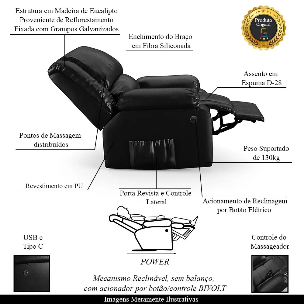 Poltrona do Papai Reclinável Sala de Cinema Madrid Power Elétrica Massagem USB PU Preto Brilho  G23 - Gran Belo