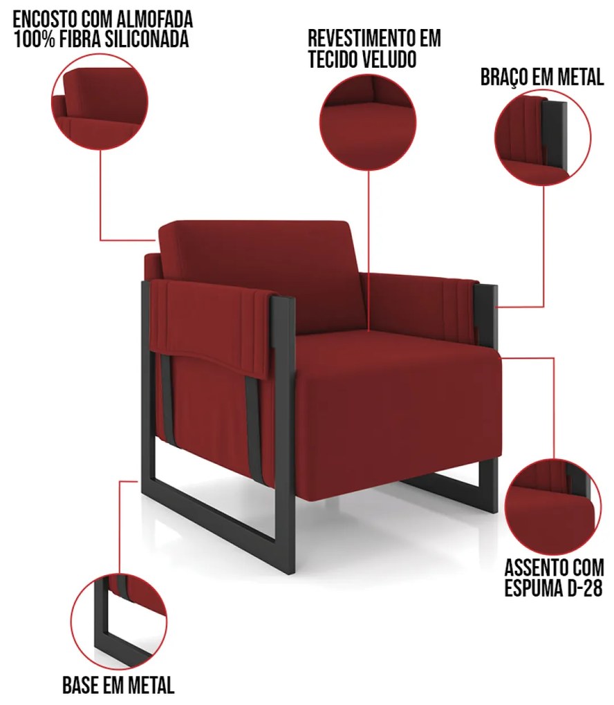 Poltrona Decorativa Base Industrial kit 2 Rory Veludo K01 - D'Rossi - Vermelho