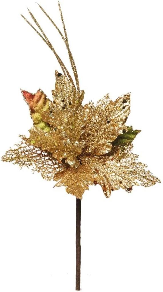 Flor Decoração Natal Poinsetia Galhos Glitter Dourado