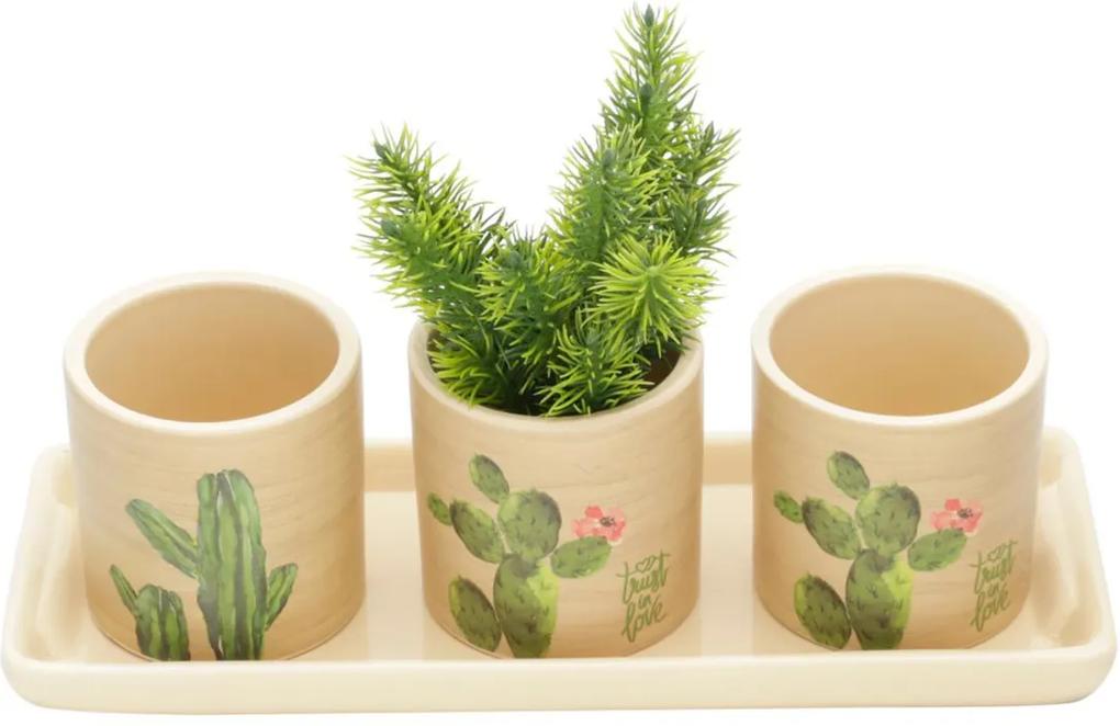 Conjunto 3 Cachepots Vasos de Cerâmica com Bandeja Cactus Bege