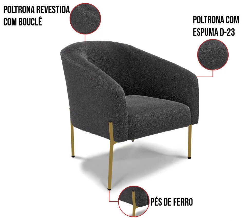 Namoradeira e 2 Poltronas Pé Ferro Dourado Stella Bouclê Grafite D03 - D'Rossi